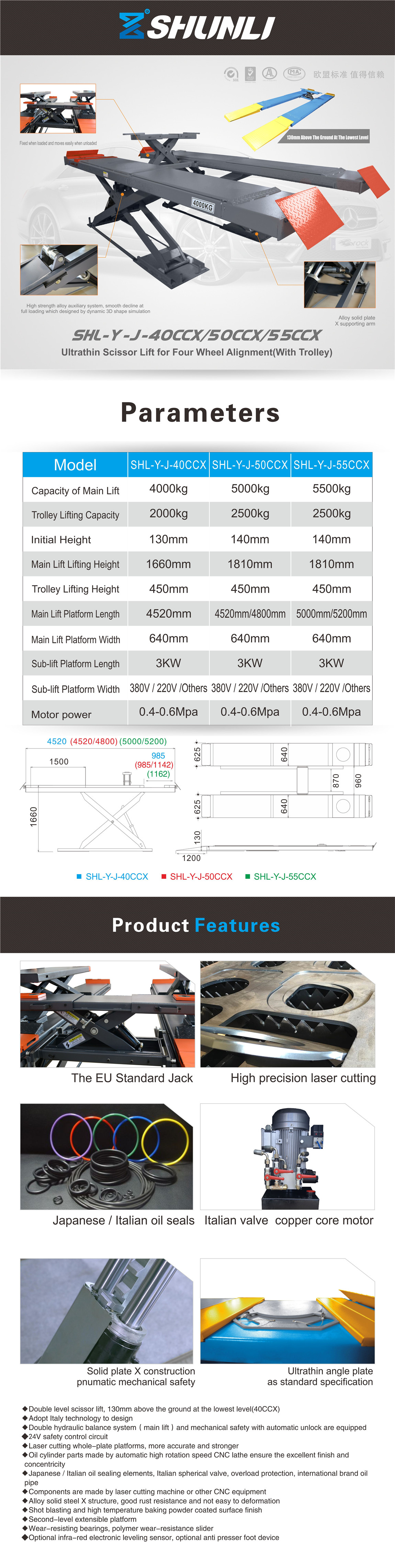 SHL-Y-J-40CCX/50CCX/55CCX Ultrathin Scissor Lift for Four Wheel Alignment(With Trolley)